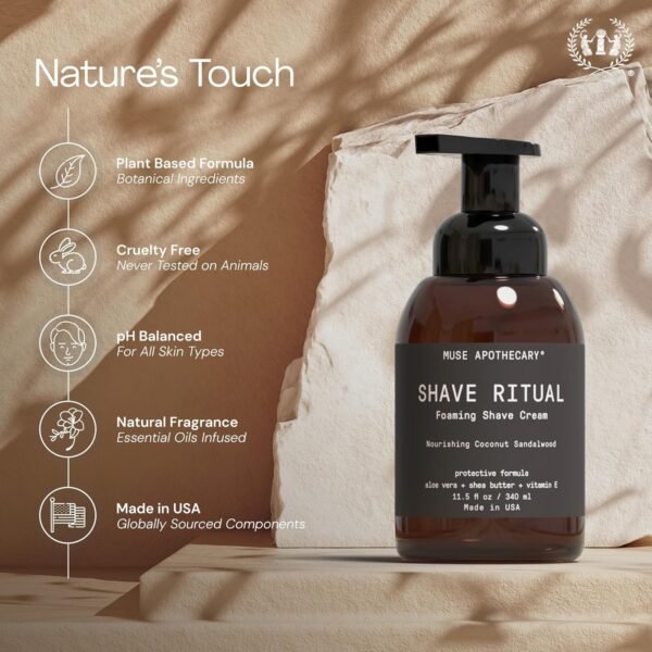 Muse Apothecary Foaming Shave Ritual - Natural Shaving Cream Sensitive Skin - Womens Shaving Cream Mens Shave Cream - Protective Formula Aloe Vera + Shea Butter + Vitamin E - Coconut Sandalwood 11.5oz - Image 7