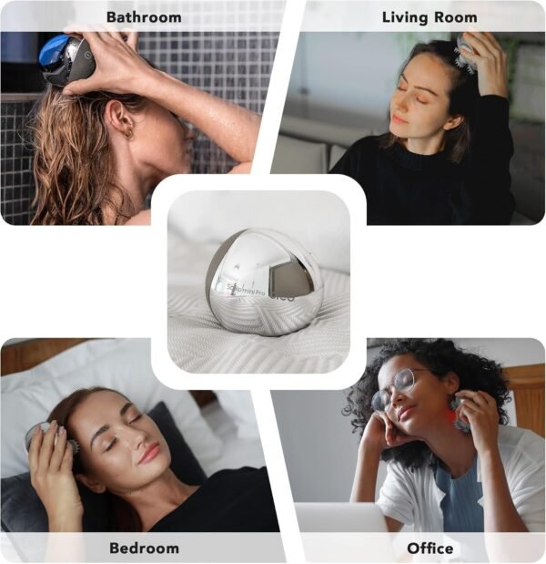 Breo Portable Mini Scalp Massager – IPX7 Waterproof Rechargeable Head Massager for Scalp Relax, Stress Relief Tool with Bamboo Wood Charging Base, Removable Massage Nodes (Silver with Base) - Image 8