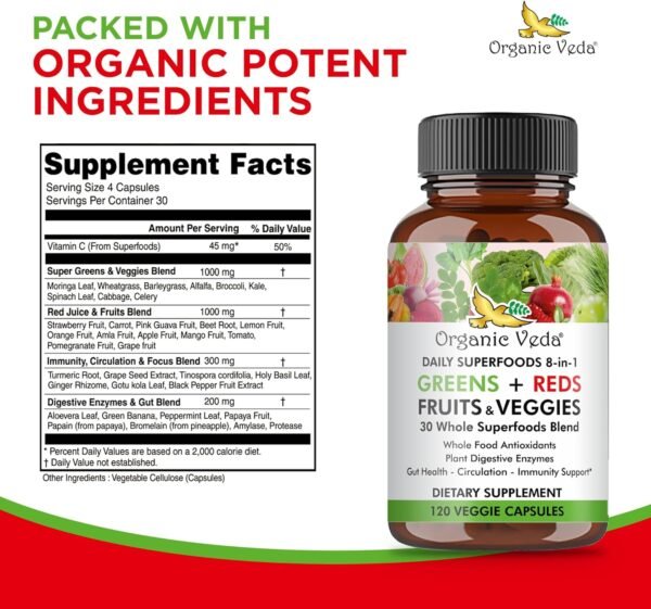 Organic Veda Super Greens Reds Veggies Capsules - 8 in 1 Daily 30 Whole Organic Superfoods Fruits & Vegetables Supplement - Papaya Enzymes, Spirulina, Chlorella, Moringa, Beet, Turmeric - 120 Vegan - Image 4