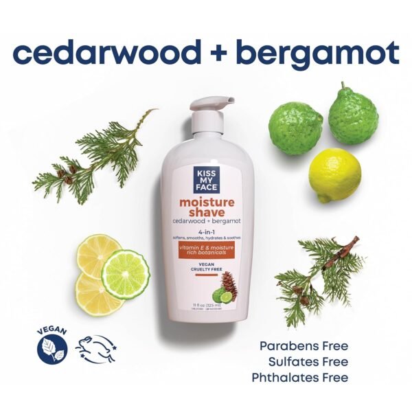 Kiss My Face Cedarwood + Bergamot Moisture Shave - 4 In 1 Shaving Cream - Cruelty Free and Vegan - With added Olive Oil and Aloe Leaf Extract - Vitamin E Rich - Image 3