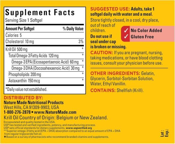 Nature Made Superior Absorption Krill Oil 500mg with Astaxanthin and Phospholipids, Omega 3s for Heart Health Support, 100 Softgels, 100 Day Supply - Image 6