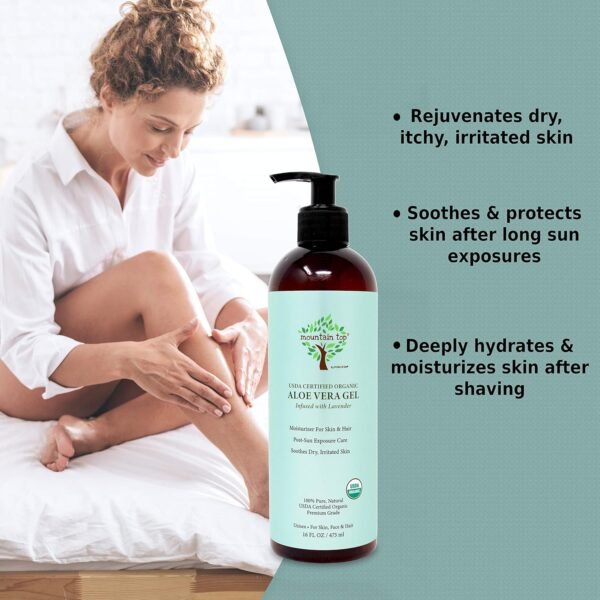 MOUNTAIN TOP Organic Aloe Vera Gel (16 fl oz / 473 mL) USDA Certified 100% Pure & Natural - For Extremely Dry & Itchy Skin - Image 5