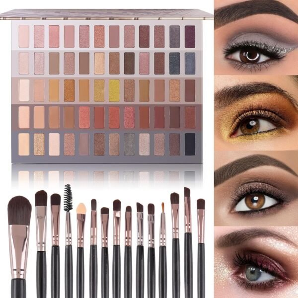 UCANBE 60 Colors Naked Eyeshadow Palette + Makeup Brush Set, All in One Nude Neutral Smokey Makeup Pallet with Brushes, Pigmented Warm Matte Shimmer Powder Eye Shadows Cosmetic Halloween Beauty Kit - Image 2