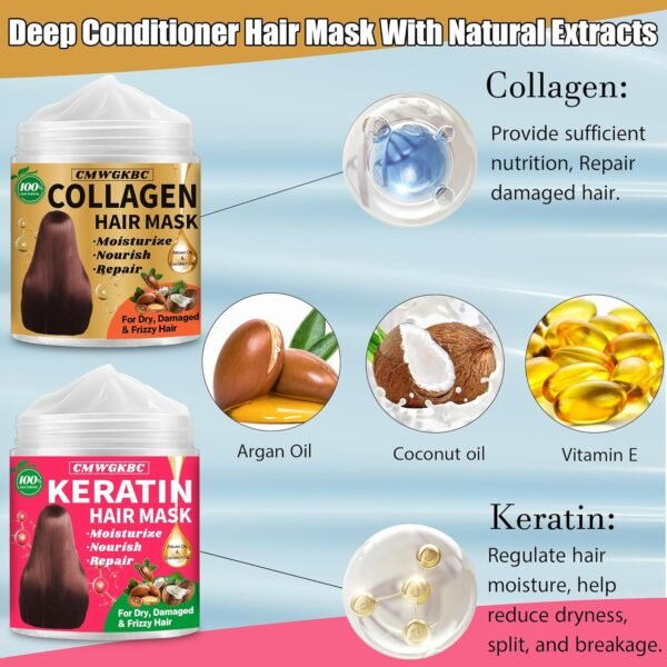 Collagen Hair Mask & Keratin Hair Mask for Damaged Hair,Keratin Hair Treatment,Repair Deep Conditioner for Dry Hair,Vitamin E Natural Hydrating Hair Mask with Argan Oil All Hair Type,Hair Care Gifts - Image 3
