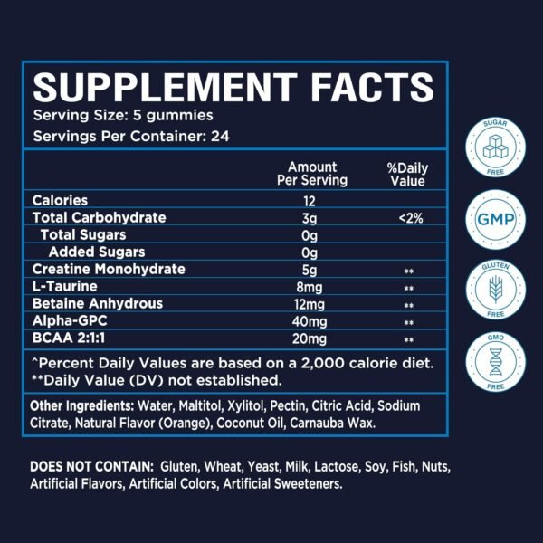 Creatine Monohydrate Gummies 5g for Men Women - with L-Taurine Betaine Anhydrous Alpha-GPC BCAA 2:1:1 - Sugar-Free Gluten Free Chewable Creatine Supplement Bites - Image 8