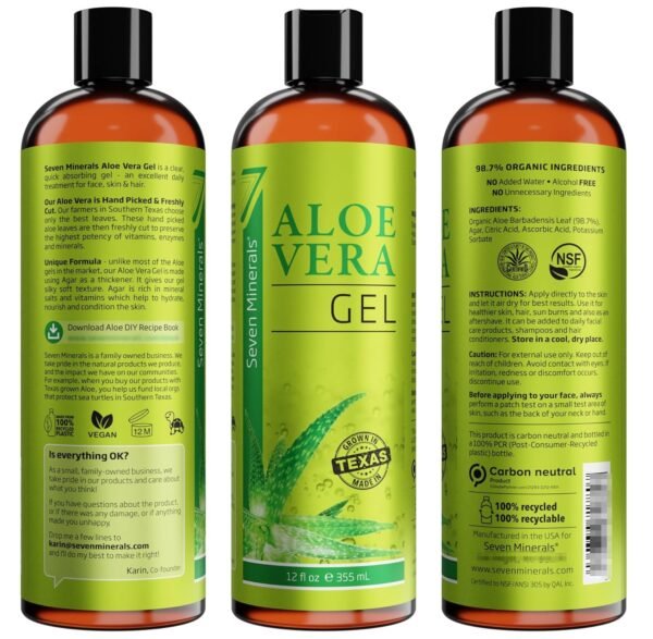 Seven Minerals Organic Aloe Vera Gel from freshly cut 100% Pure Aloe - Big 12oz - HighestQuality, Texas grown, Vegan, Unscented - For Face, Skin, Hair, Sunburn relief - Image 7