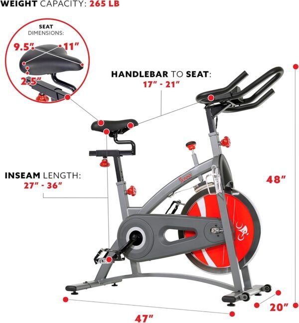 Sunny Health & Fitness Stationary Exercise Bike Machine w/4-Way Adjustable Cushion Seat & Multi-Grip Handlebar, Indoor Cycling Equipment for Home Cardio Training, Optional Heavy-Duty & 40LB Flywheel - Image 7