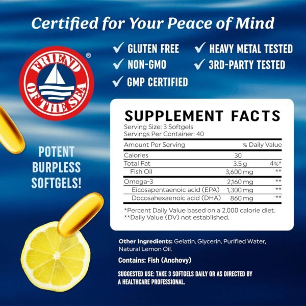 Triple Strength Omega 3 Fish Oil 3600 mg | EPA & DHA | Over 2100mg Omega-3 Fatty Acids | 1300mg EPA + 860mg DHA | Best Essential Fatty Acids | Premium Wild Caught & Burpless Fish Oil | 120 Ct - Image 7