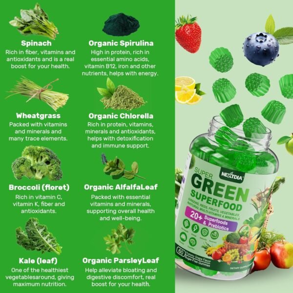 Super Greens Gummies, Greens Superfood Powder Alternative w/Spirulina, Chlorella, Prebiotic Fiber, Probiotic, Fruit Veggie, Daily Greens Vegetable for Digestive & Gut Health, Immunity, Focus, 120 Cts - Image 4