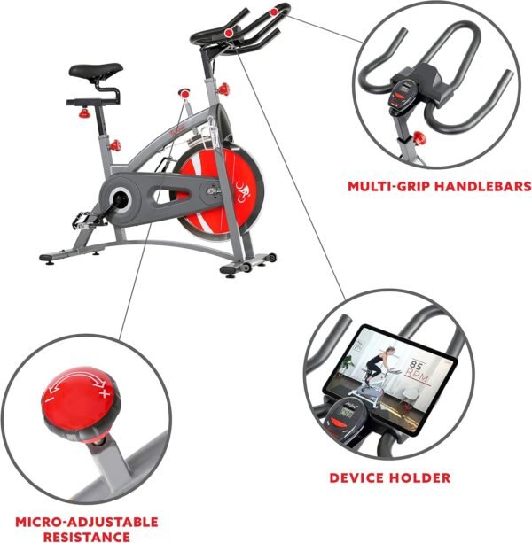 Sunny Health & Fitness Stationary Exercise Bike Machine w/4-Way Adjustable Cushion Seat & Multi-Grip Handlebar, Indoor Cycling Equipment for Home Cardio Training, Optional Heavy-Duty & 40LB Flywheel - Image 5