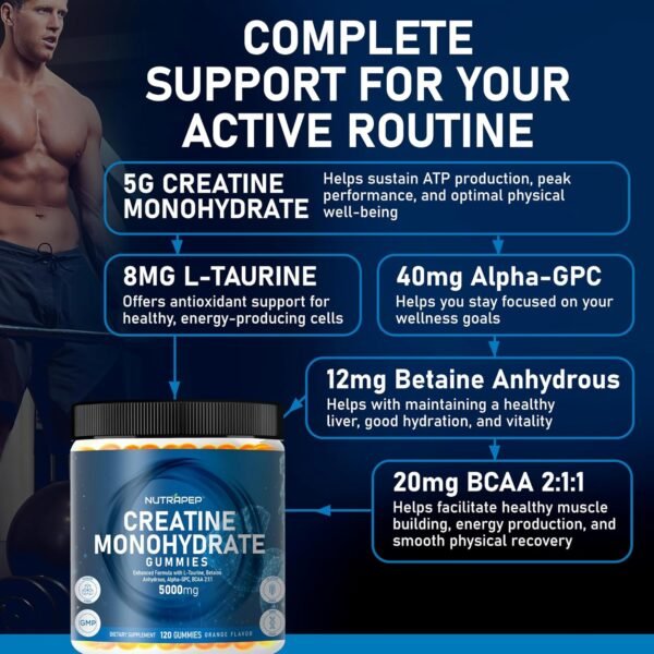 Creatine Monohydrate Gummies 5g for Men Women - with L-Taurine Betaine Anhydrous Alpha-GPC BCAA 2:1:1 - Sugar-Free Gluten Free Chewable Creatine Supplement Bites - Image 3