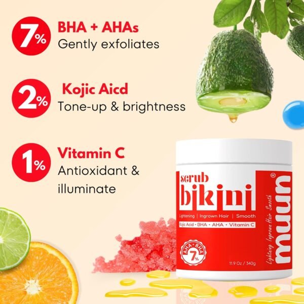Bikini Area Exfoliator, 2% Kojic Acid Vitamin C & 7% AHA/BHA Even Skin Tone & Ingrown Hair - Underarm Scrub - Radian, Smoothe & Soften Body Scrub - Image 3
