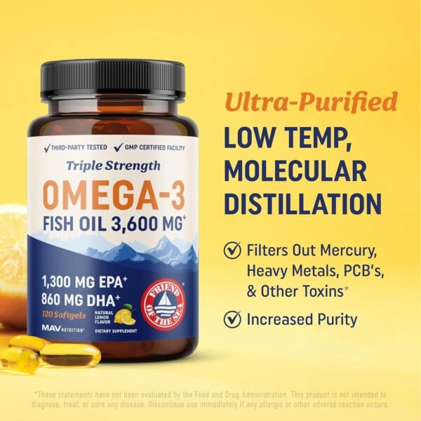 Triple Strength Omega 3 Fish Oil 3600 mg | EPA & DHA | Over 2100mg Omega-3 Fatty Acids | 1300mg EPA + 860mg DHA | Best Essential Fatty Acids | Premium Wild Caught & Burpless Fish Oil | 120 Ct - Image 6