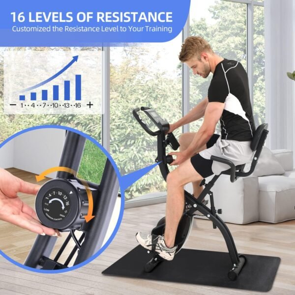 Foldable Exercise Bike Stationary Bike, Sportneer 4 in 1 Indoor Cycling Bike with 16 Level Magnetic Resistance Training Bike with Arm Resistance Band PVC Floor Mat Fitness Bike for Home Gym Workout - Image 3