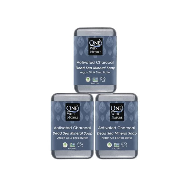 One With Nature Dead Sea Salt Activated Charcoal Soap 4oz 3Pack, Black Bar Soap Detoxifying Body Wash Soap Bar & Face Soap Vegan Men Soap with Shea Butter 100% Natural Soap for Men & Women Soap Bar - Image 2