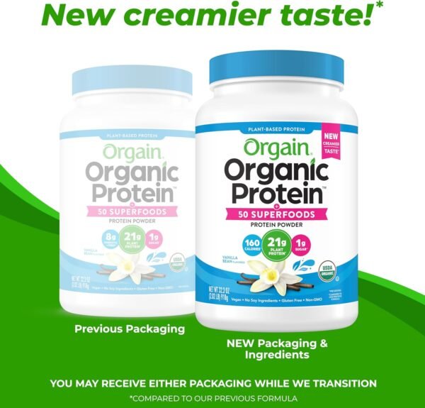 Orgain Organic Vegan Protein + 50 Superfoods Powder, Vanilla Bean - 21g Plant Based Protein, 8g Prebiotic Fiber, No Lactose Ingredients, Gluten Free, Non-GMO, 2.02 lb (Packaging May Vary) - Image 4