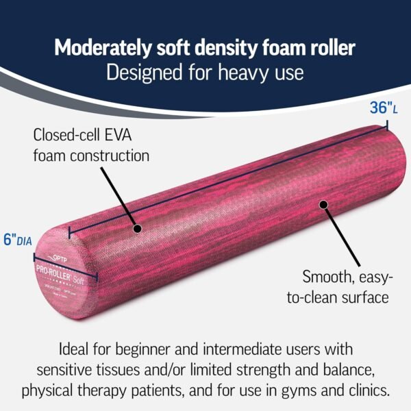 OPTP PRO-Roller Soft Density Foam Roller – Low Density Soft Foam Roller for Physical Therapy, Pilates Foam Roller and Yoga Foam Roll Exercises, and Muscle Recovery - Pink 36" x 6" - Image 3