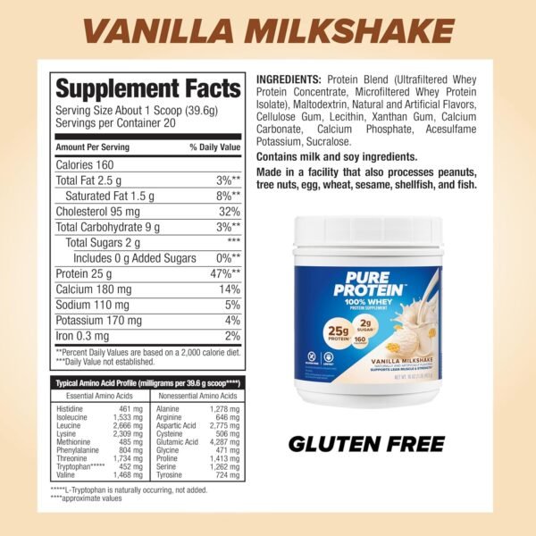 Pure Protein Powder, Whey, High Protein, Low Sugar, Gluten Free, Vanilla Cream, 1 lb - Image 5