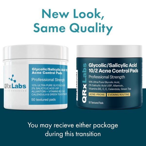 QRxLabs Glycolic + Salicylic Acid Acne Control Pads with 10% Ultra Pure Glycolic & 2% Salicylic, Allantoin, Vitamin B5, C & E, Calendula & Green Tea - Acne Treatment for Clear Skin - Image 3
