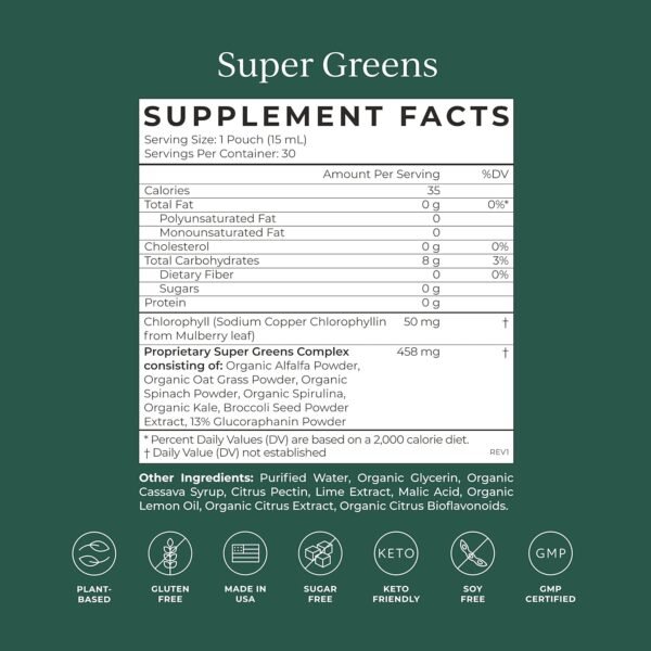 CYMBIOTIKA Super Greens Supplement with Chlorophyll, Spirulina, Daily Vegan Superfood Packets for Digestive Gut Health, Detox, Energy and Immune Support, Citrus Lime Flavor, 15 mL Pouches, 30 Pack - Image 5