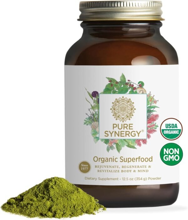 PURE SYNERGY Organic Superfood Powder | Organic Green Superfood Powder | Whole Food Supplement with Organic Greens, Spirulina and Mushrooms | for Energy, Healthy Aging, and Immune Health (12.5 oz) - Image 2