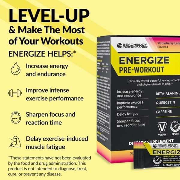 BODi Energize Pre Workout Powder - Beta-Alanine, Quercetin & Low-Dose Caffeine Formula for Enhanced Energy & Focus, Increase Energy & Endurance Supplement, Strawberry Lemonade Flavored, 20 Sticks - Image 3