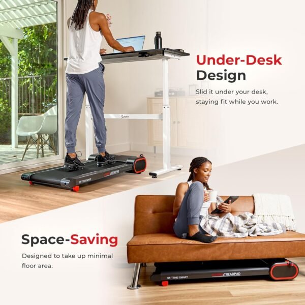 Sunny Health & Fitness Slim Under Desk Walking Compact Treadpad Treadmill with Remote Control, Digital Display, Shock Absorption, Optional Trekking Poles, Free SunnyFit App Bluetooth Connectivity - Image 3