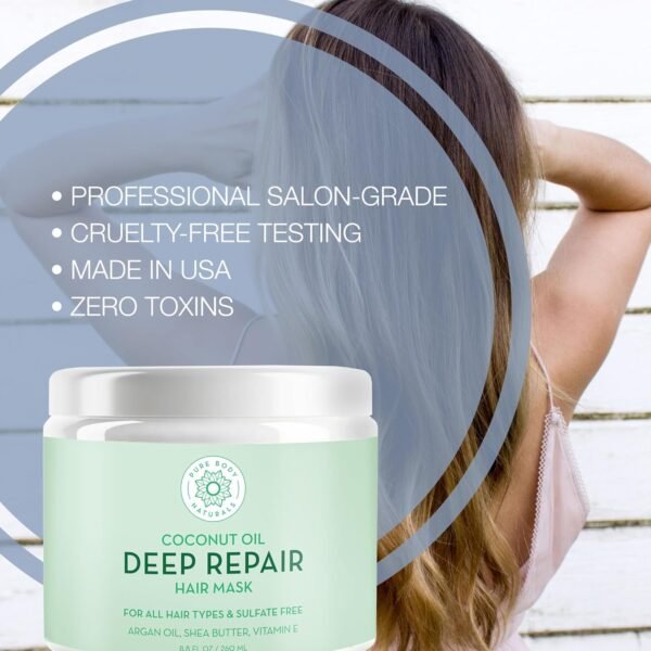 Pure Body Naturals Coconut Oil Hair Mask, Deep Conditioning Hair Treatment for Dry Damaged and Color Treated Hair, Sulfate Free Hair Conditioner, Moisturizes, Repairs, 8.8 Fl Oz - Image 4