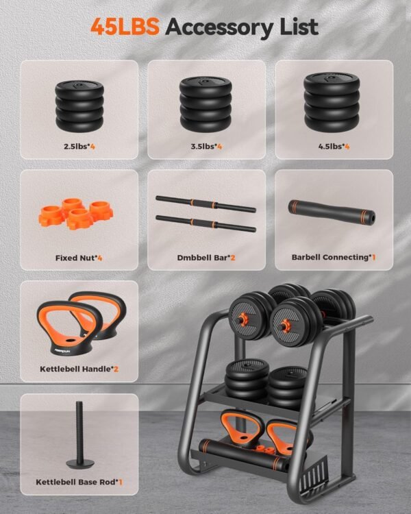 FEIERDUN Adjustable Dumbbells, 20/30/40/45/70/90lbs Free Weight Set with Connector, 5 in1 Dumbbells Set Used as Barbell, Kettlebells, Push up Stand, Weight Plate, Fitness Exercises for Home Gym Suitable Men/Women - Image 9