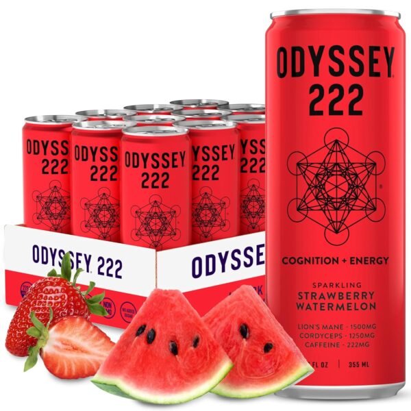 Odyssey Elixir - Odyssey 222 - Sparkling Energy Drink - 222 mg of Caffeine - Lion's Mane & Cordyceps - Energy & Focus - Endurance & Stamina - Nootropic - Pre Workout - Strawberry Watermelon - Image 2