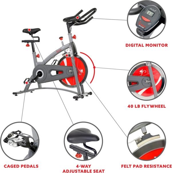 Sunny Health & Fitness Stationary Exercise Bike Machine w/4-Way Adjustable Cushion Seat & Multi-Grip Handlebar, Indoor Cycling Equipment for Home Cardio Training, Optional Heavy-Duty & 40LB Flywheel - Image 4