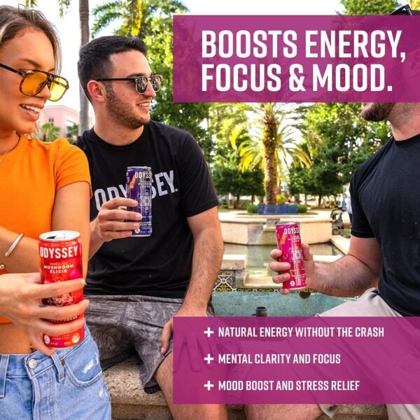 Odyssey Elixir Functional Beverage - Adaptogen Drink with Lions Mane, Cordyceps, L Theanine, & Green Tea Caffeine - for Cognition, Energy & Mood Boost - 0 Added Sugar - Dragon Fruit Lemonade - 12 Pack - Image 8