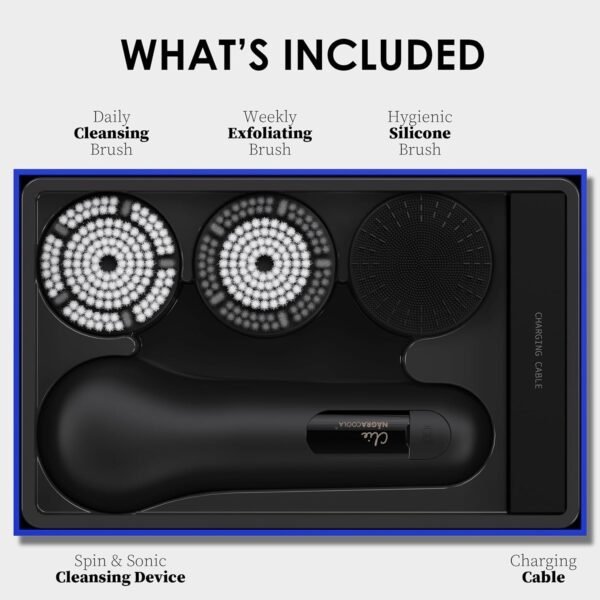 Face Scrubber, NågraCoola 3.0 Facial Cleansing Brush, Waterproof & Rechargeable Face Scrub Brush for Men&Women, Electric Facial Exfoliator with 3 Brushes, 3 Intensities, 2 Action Modes - Black - Image 7