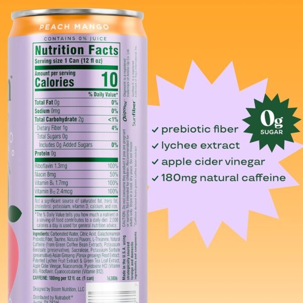 Bloom Sparkling Energy Drink - Natural Caffeine, Zero Sugar, 180mg Caffeine - Antioxidant-Rich w/Green Coffee Bean, Green Tea Extract, Prebiotics - Wellness Beverage for Focus & Metabolism 12oz 12 pk - Image 4