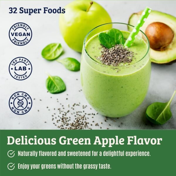 Green Juice Powder. Supergreens Superfood Powder. Detox Greens for Bloating and Digestion. Veggie Powder with Probiotics & Enzymes. Chlorella, Spirulina, Wheat Grass, Ashwagandha. 32 Superfoods - Image 4