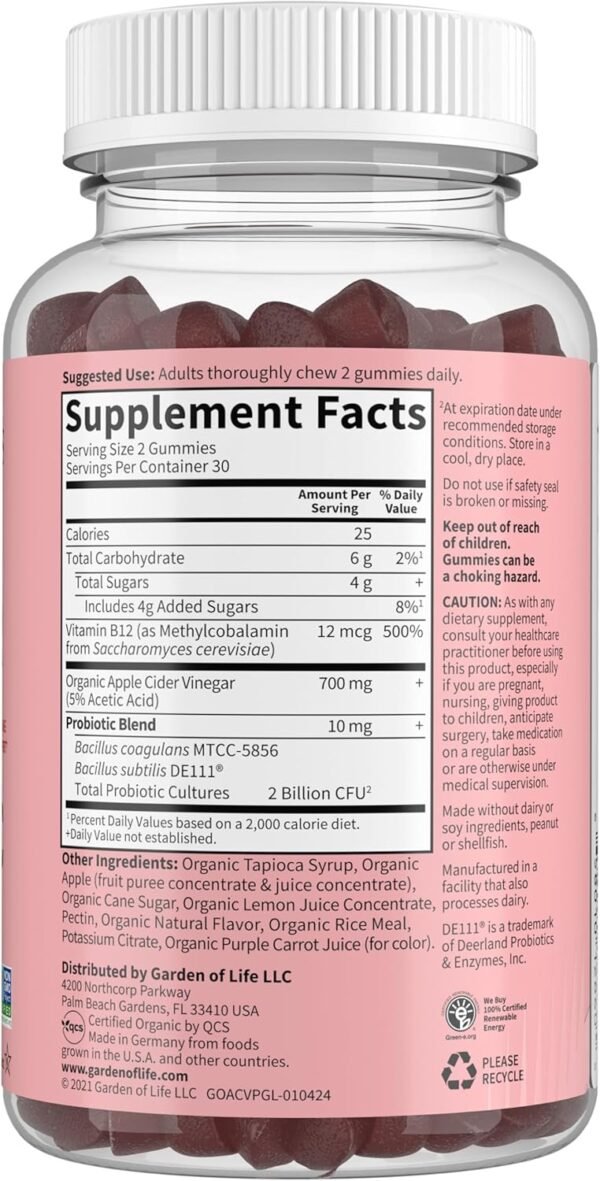 Garden of Life Apple Cider Vinegar Probiotic Gummies USDA Organic ACV Gummy Vitamins, 2 Billion CFUs, Whole Food Vitamin B12-60 Vegan, Non-GMO Gummies for Digestion & Immunity - Image 10