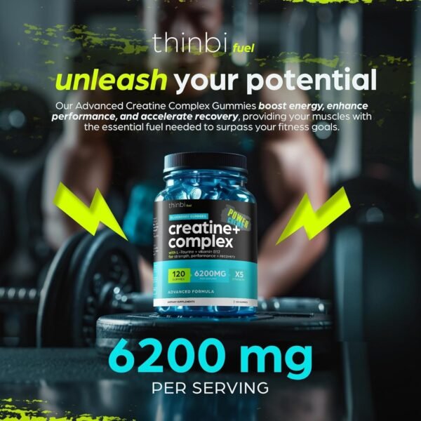 Creatine Monohydrate Gummies Complex 6200mg for Men & Women - 120 Gummies Advanced Formula W/L-Taurine + Vitamin B12 for Muscle Strength, Muscle Builder, Energy Boost, Pre-Workout Supplement - Thinbi - Image 5
