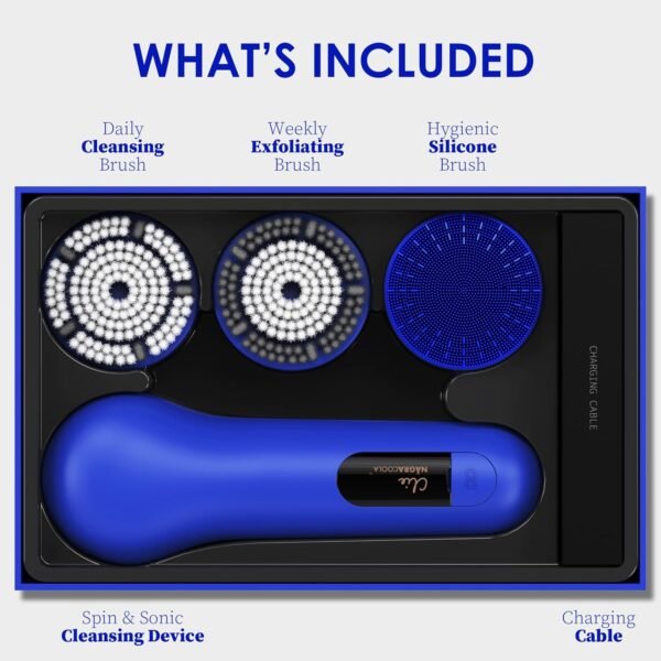 Spinning & V-Sonic Face Scrubber, NågraCoola 3.0 Facial Cleansing Brush, Waterproof & Rechargeable Face Scrub Brush for Men & Women with 3 Brushes, 3 Intensities, 2 Action Modes - Blue - Image 7
