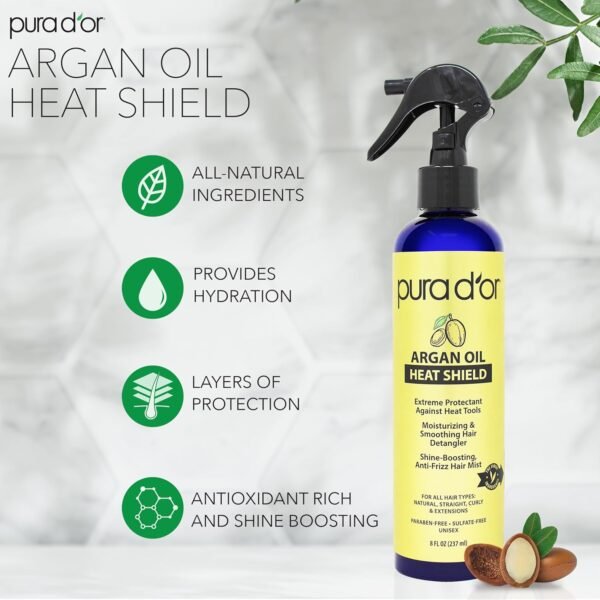 PURA D'OR 8 Oz Argan Oil Heat Shield Protectant Spray with Select Organic Ingredients, Protects Up To 450º F From Flat Iron & Hot Blow Dry, Leave-In, Define & Shine Dry & Damaged Hair - Image 3