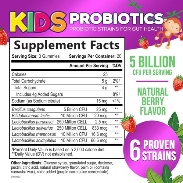 Kids Probiotic Gummies - Chewable Daily Probiotics for Kids Ages 3+ - Natural Digestive Health & Immune Support Vitamin - Vegan, Gluten Soy & Dairy Free, Berry Flavored, Shelf Stable - 60 Gummies - Image 3