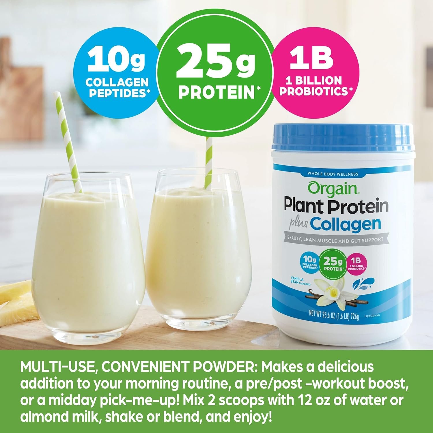Orgain Protein Powder + Collagen, Vanilla Bean - 25g of Protein, 10g Collagen Peptides, Type I & III, 1B CFU Probiotics, Supports Hair, Skin, Nail, Joint & Gut Health, Gluten Free - 1.6lb - Image 5
