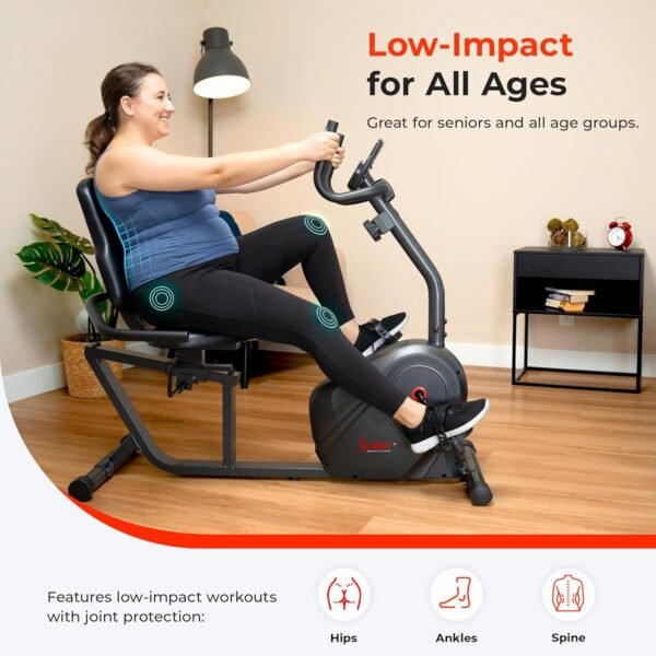Sunny Health & Fitness Smart Heavy-Duty Recumbent Bike w/Wide Cushioned Seat & Back, Indoor Cycling Machine for Adult/Seniors Home Exercise, Free SunnyFit App Connect, Optional Workout Training Bands - Image 6