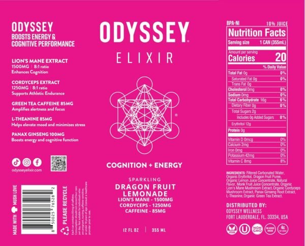 Odyssey Elixir Functional Beverage - Adaptogen Drink with Lions Mane, Cordyceps, L Theanine, & Green Tea Caffeine - for Cognition, Energy & Mood Boost - 0 Added Sugar - Dragon Fruit Lemonade - 12 Pack - Image 4