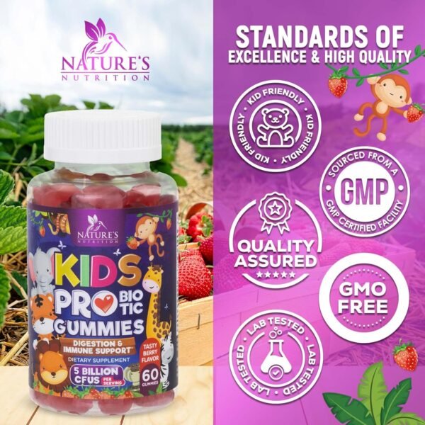 Kids Probiotic Gummies - Chewable Daily Probiotics for Kids Ages 3+ - Natural Digestive Health & Immune Support Vitamin - Vegan, Gluten Soy & Dairy Free, Berry Flavored, Shelf Stable - 60 Gummies - Image 5