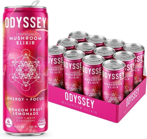 Odyssey Elixir Functional Beverage - Adaptogen Drink with Lions Mane, Cordyceps, L Theanine, & Green Tea Caffeine - for Cognition, Energy & Mood Boost - 0 Added Sugar - Dragon Fruit Lemonade - 12 Pack - Image 10