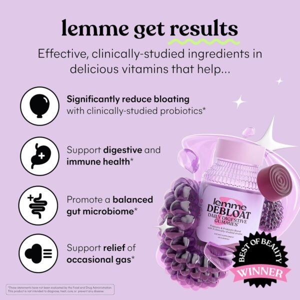 Lemme Debloat - Digestive & Gut Health Gummies with 2 Clinically Studied Probiotics & Prebiotic, 3 Billion CFUs - Vegan, Gluten Free, Non GMO, BlackBerry Flavor (60 Count) - Image 3