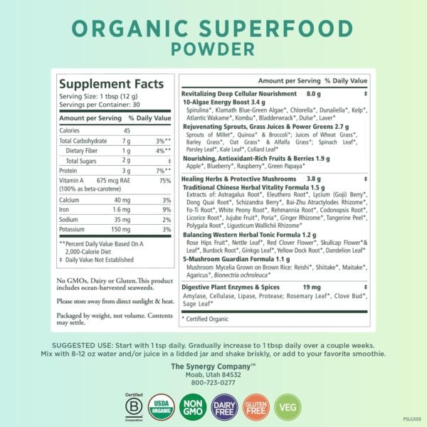 PURE SYNERGY Organic Superfood Powder | Organic Green Superfood Powder | Whole Food Supplement with Organic Greens, Spirulina and Mushrooms | for Energy, Healthy Aging, and Immune Health (12.5 oz) - Image 3