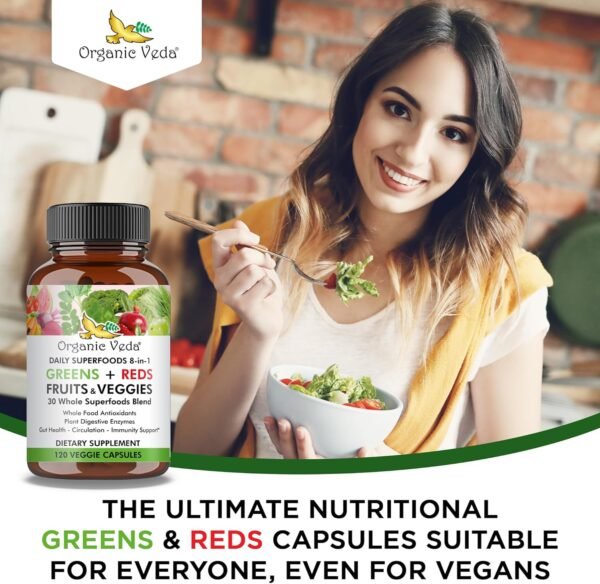Organic Veda Super Greens Reds Veggies Capsules - 8 in 1 Daily 30 Whole Organic Superfoods Fruits & Vegetables Supplement - Papaya Enzymes, Spirulina, Chlorella, Moringa, Beet, Turmeric - 120 Vegan - Image 10