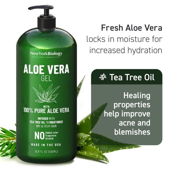 New York Biology Aloe Vera Gel for Face, Skin and Hair - Infused with Tea Tree Oil - From Fresh Aloe Vera Plant - Moisturizing Aloe Vera for Sunburn Relief and Dry Skin - 16.9 Fl Oz - Image 8