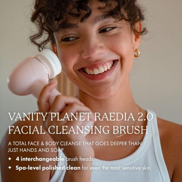 Vanity Planet Raedia 2.0 Facial Cleansing Brush, 4 Interchangeable Brush Heads, Pink - Daily Cleansing Face Exfoliator for Glowing & Acne Prone Skin - Lightweight Silicone Water-Resistant Body Brush - Image 3